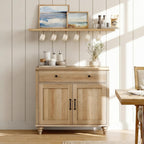 WAMPAT 34’‘ Oak Buffet Cabinet with Doors and Drawer, Wood Kitchen Storage Cabinet Modern Farmhouse Coffee Bar Table Sideboard Credenza for Dining Room