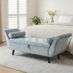 65" Velvet Storage Bench, 65" Vintage Upholstered Rolled Armed Button Tufted Stool Bench for Bedroom, Living Room, Entryway, Hallway, Dressing Room (Light Grey)
