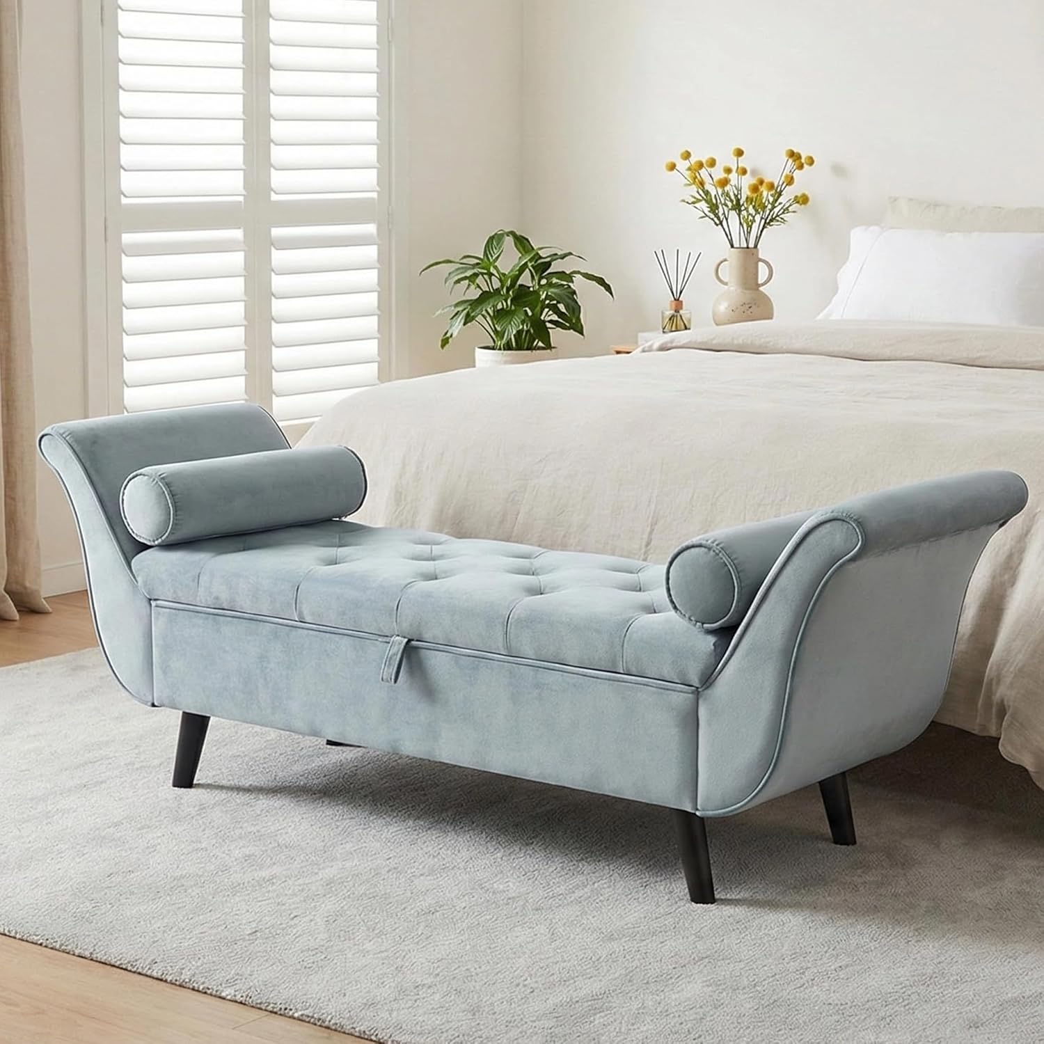 65" Velvet Storage Bench, 65" Vintage Upholstered Rolled Armed Button Tufted Stool Bench for Bedroom, Living Room, Entryway, Hallway, Dressing Room (Light Grey)