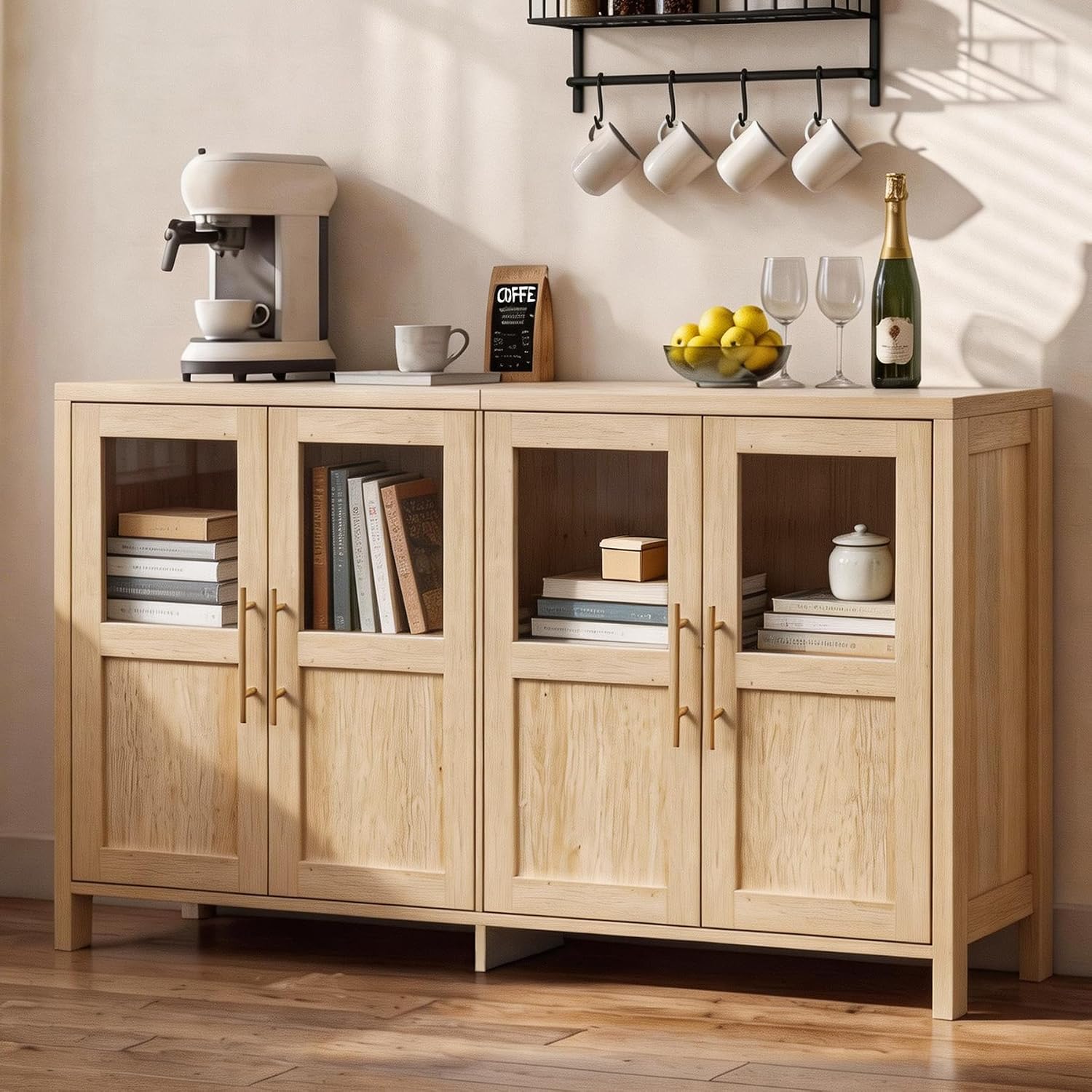 55" Sideboard Cabinet with Glass Doors, Large Buffet Cabinet with Storage and Shelves, Modern Accent Console Table for Dining Room Living Room Entryway (Natural)