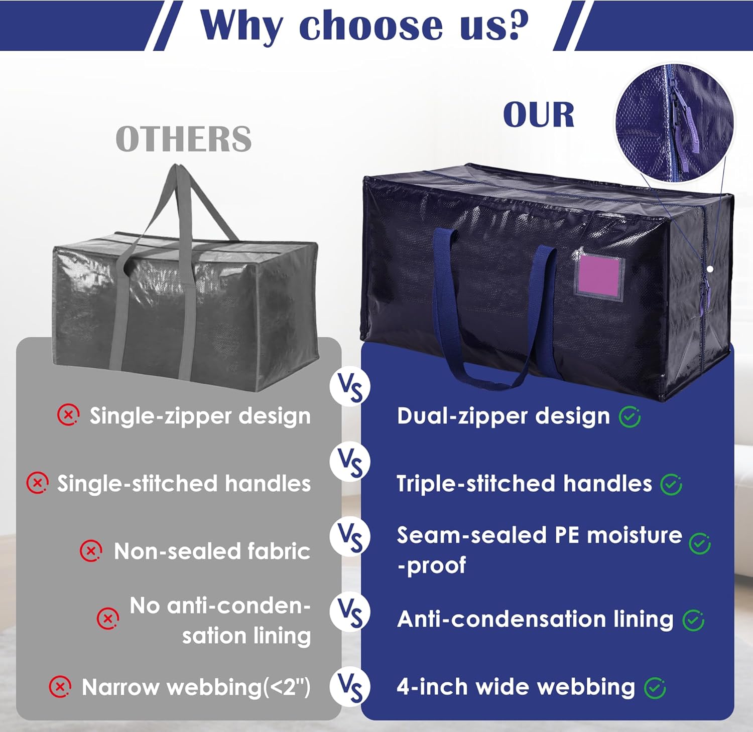 6 Pack Moving Bags Heavy Duty 210GSM with Full-Open Side Zipper, 93L 220lbs Waterproof Foldable Storage Totes for College Dorm Move-In, Moving Boxes Alternative & Home Organization, Blue