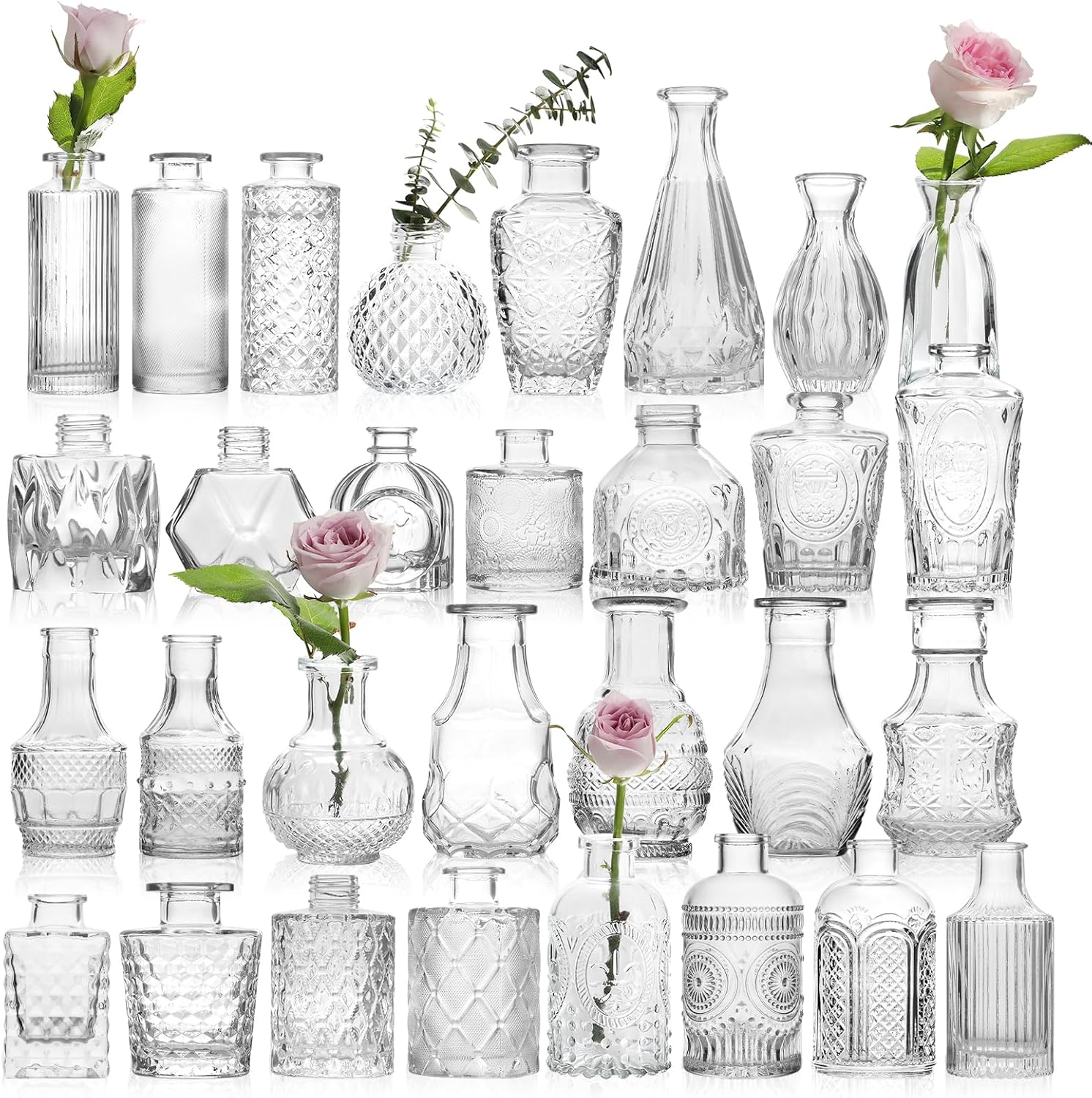 Vintage Glass Bud Vases Bulk 30 Pack|Small Clear Flower Vases for Wedding Decor, Centerpiece Table Decorations, Rustic Home & Party Decor (Transparent)