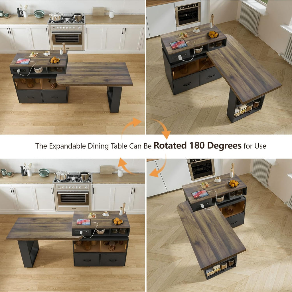 kitchen island with extendable table & 360° Swivel Tabletop, Rolling Kitchen Island Cart with Storage & Seating 4, Mobile Kitchen Island Table with Cabinet, Drawers & Shelves, Black Brown Wood