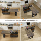 kitchen island with extendable table & 360° Swivel Tabletop, Rolling Kitchen Island Cart with Storage & Seating 4, Mobile Kitchen Island Table with Cabinet, Drawers & Shelves, Black Brown Wood