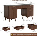 Alohappy 59" Fluted Executive Desk with 5 Drawers & Charging Station, Large Wood Computer Desk with File Drawer and Storage Cabinet, Modern Home Office Desk with Power Outlet for Study, Walnut