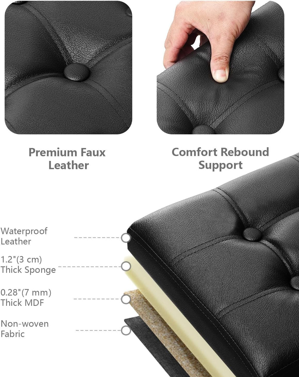 AmasSmile Footrest Ottoman Bench with Storage,34Inch Black Leather Footstool, Coffee Table, Padded Seat, Storage Chest,Blanket Store with Flipping Lid for Livingroom and Bedroom