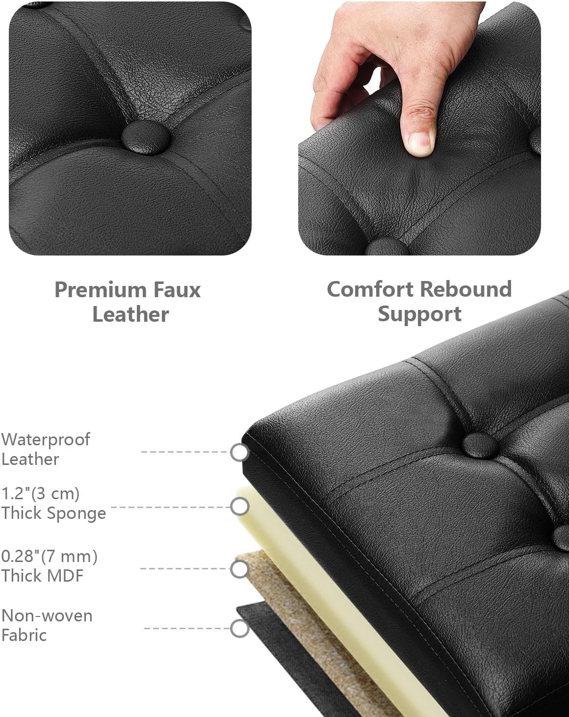 AmasSmile Footrest Ottoman Bench with Storage,34Inch Black Leather Footstool, Coffee Table, Padded Seat, Storage Chest,Blanket Store with Flipping Lid for Livingroom and Bedroom