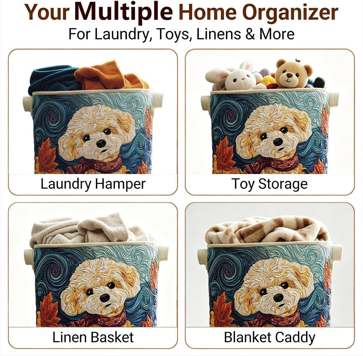 Quilted Laundry Basket with Handles, Collapsible Boho Floral Storage Bin, Large Soft Quilted Basket, Portable Organizer for Clothes, Toys, Blankets, Nursery, Bedroom, Laundry Room (Butterfly Bloom, L)
