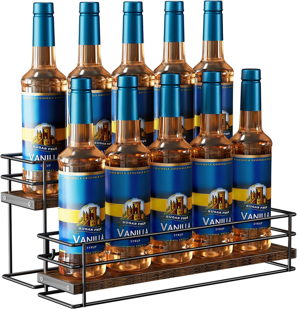 Nuovoware Coffee Syrup Organizer, 2-Tier 10 Bottles Bar Organizer, Separable Metal Rack with Wooden Base Whiskey Wine Dressing for Countertop Kitchen Coffee Bar, Black