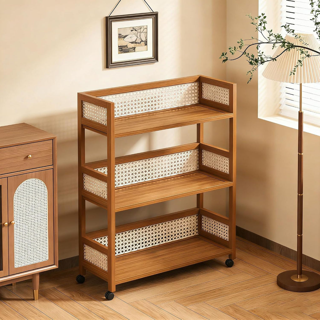 Rattan Side Table with Universal Wheels,Vintage Style Movable Coffee Table, Small Sofa End Table,for Living Room Kitchen Bar Bedroom Office Bathroom