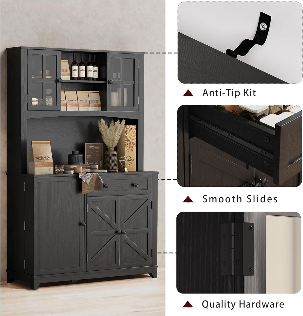 68" Pantry Cabinet with Charging Station, Kitchen Pantry Storage Cabinet with Microwave Stand, Kitchen Hutch Cabinet with Storage Drawers, Food Pantry Cabinets with Countertop for Dining Room(Black)
