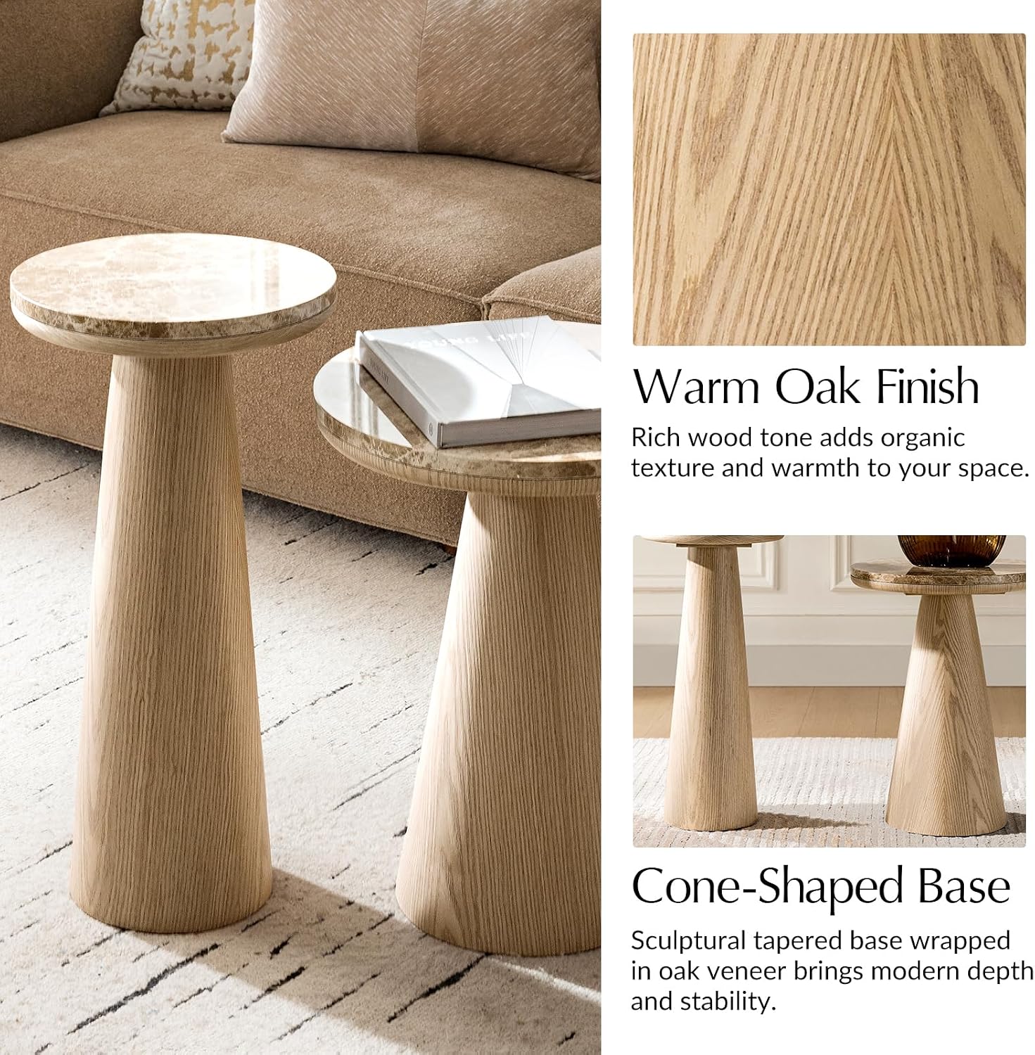 HULALA HOME Nesting End Tables Set of 2, Modern Side Tables with Genuine Marble Top and Oak Veneer Cone-Shaped Base, Sculptural Pedestal Accent Tables for Living Room and Bedroom, Oak