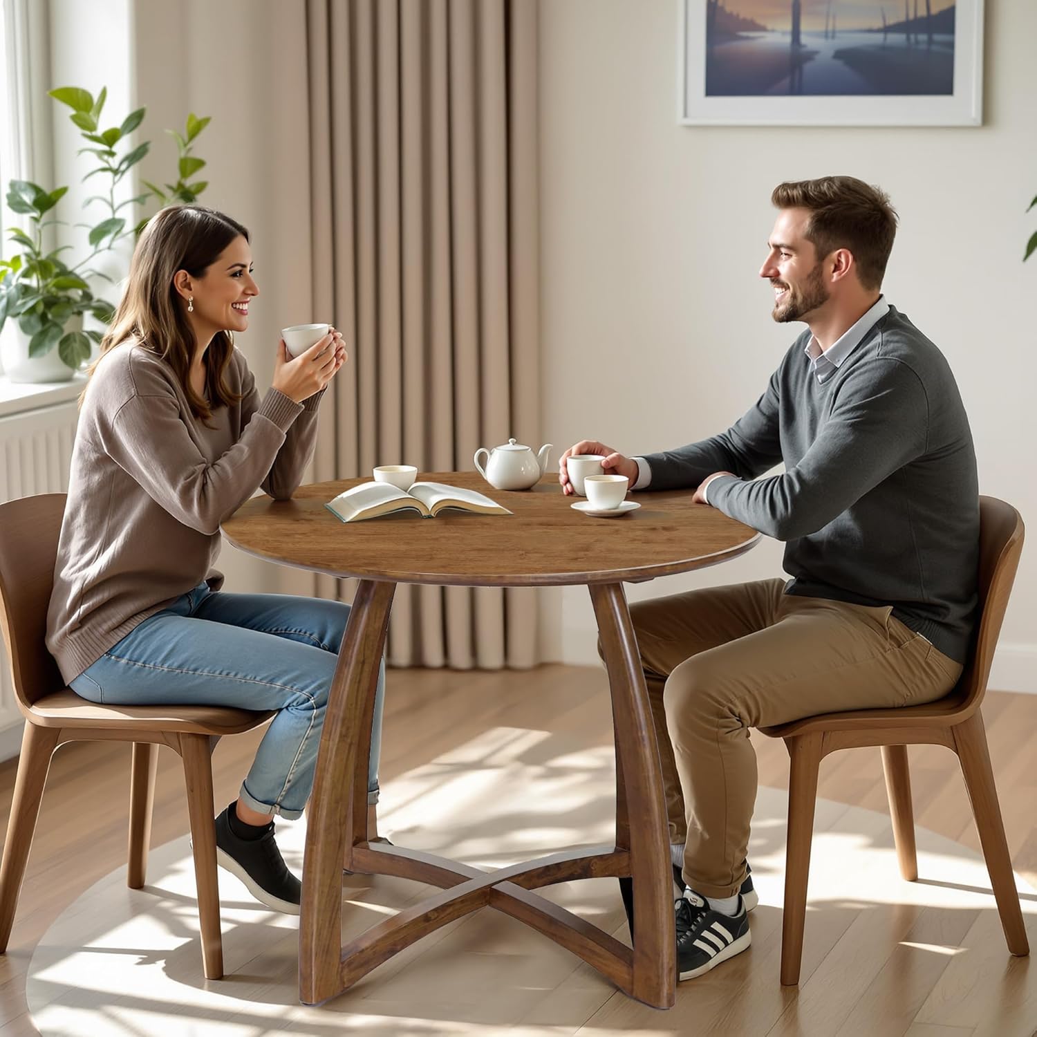 Acacia Alma 36 Inches Round Dining Table for 4, Solid Rubber Wood, Mid-Century Modern Kitchen & Dining Room Tables, Space-Saving for Living Room, Wooden Waterproof Thickened Tabletop, Natural
