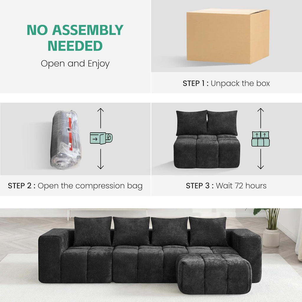 35" Boneless Ottoman, Chenille Modular Sectional Cloud Couch Ottoman, Comfy Upholstered Footrest for Living Room, Bedroom, Apartment, Dark Gray