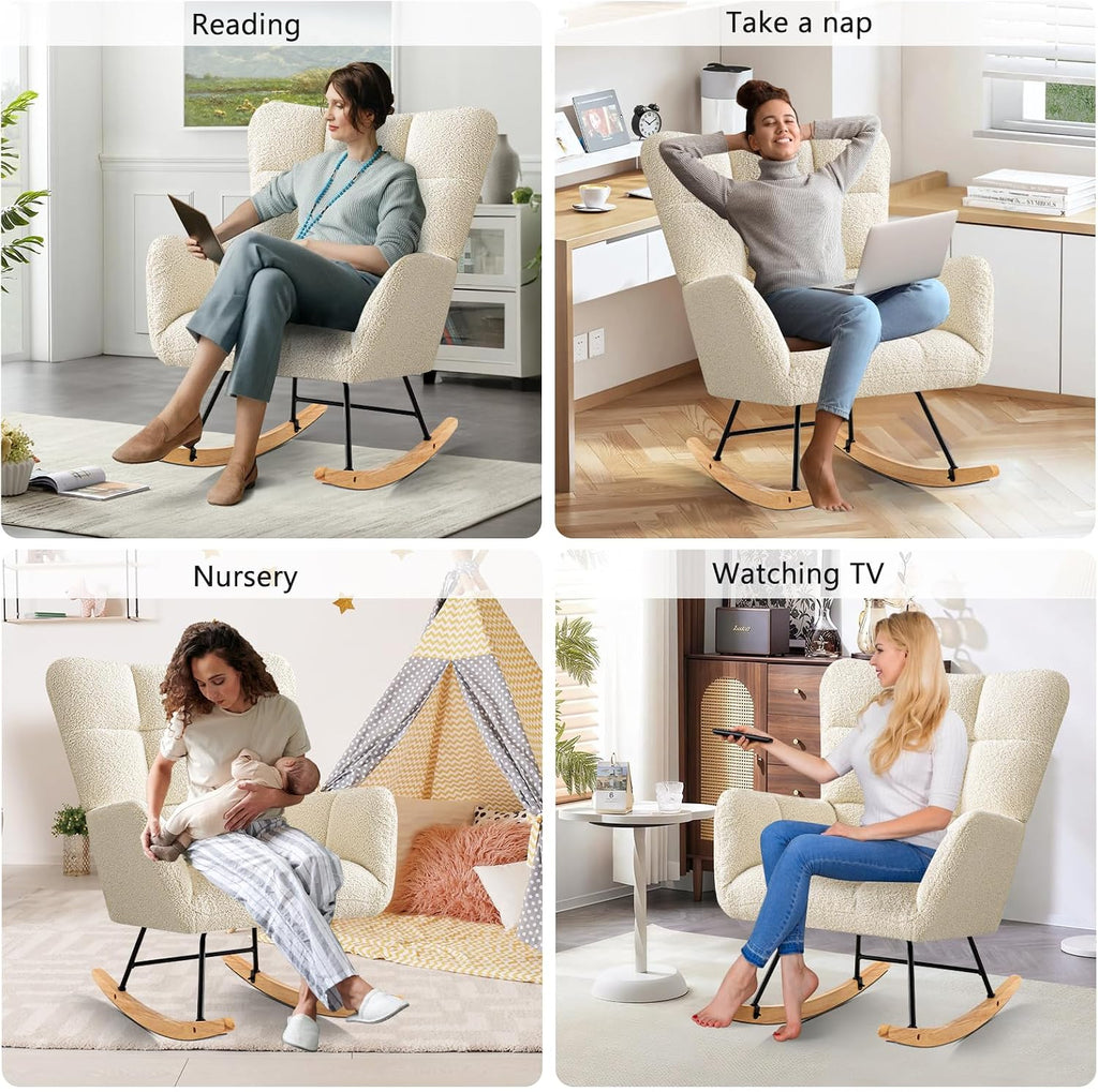 Furniliving Nursery Rocking Chair Upholstered Glider Rocking Chair Modern Accent Chair Padded Seat Reading Chair with High Backrest Comfy Chair for Living Room, Bedroom, Nursery, White, Teddy