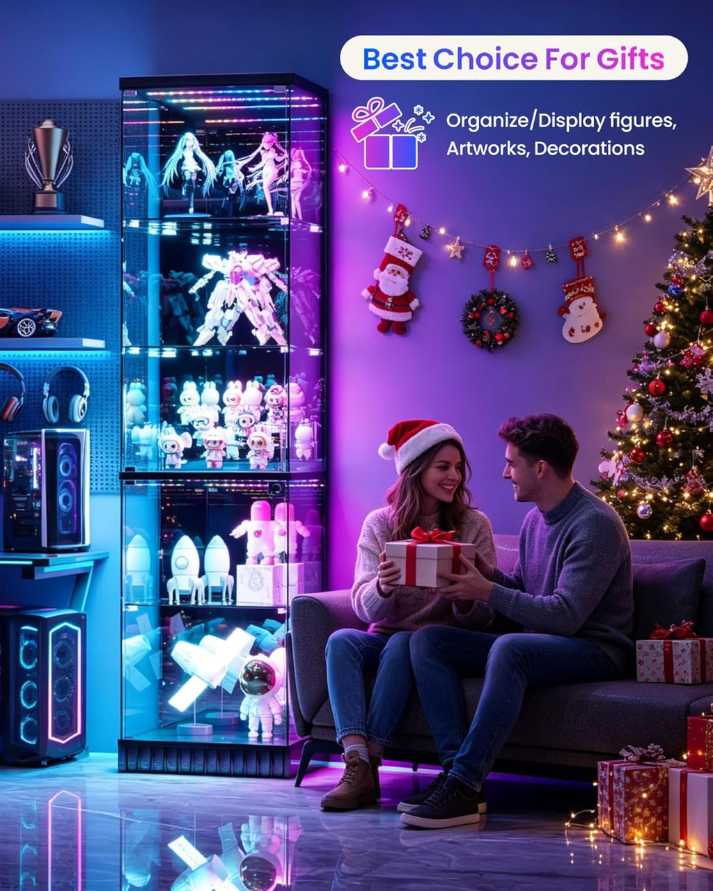 Lvifur 67''H Corner Curio Cabinet - with Glass Door, Lockable Glass Display Cabinet with RGB Motion Sensor Light, 5-Tier Figure Display Case with Removable Glass Shelf for Collectibles,Black