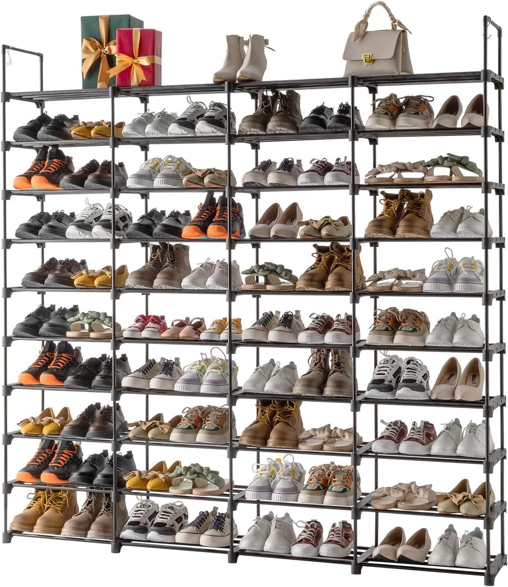 10 Tiers Metal Shoe Rack Organizer, 80 Pairs Large Capacity Shoe Storage Shelf with Side Hooks Adjustable PP Shelves Tool-Free Assembly Black Shoe Stand for Entryway Closet Garage Dorm