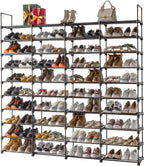 10 Tiers Metal Shoe Rack Organizer, 80 Pairs Large Capacity Shoe Storage Shelf with Side Hooks Adjustable PP Shelves Tool-Free Assembly Black Shoe Stand for Entryway Closet Garage Dorm