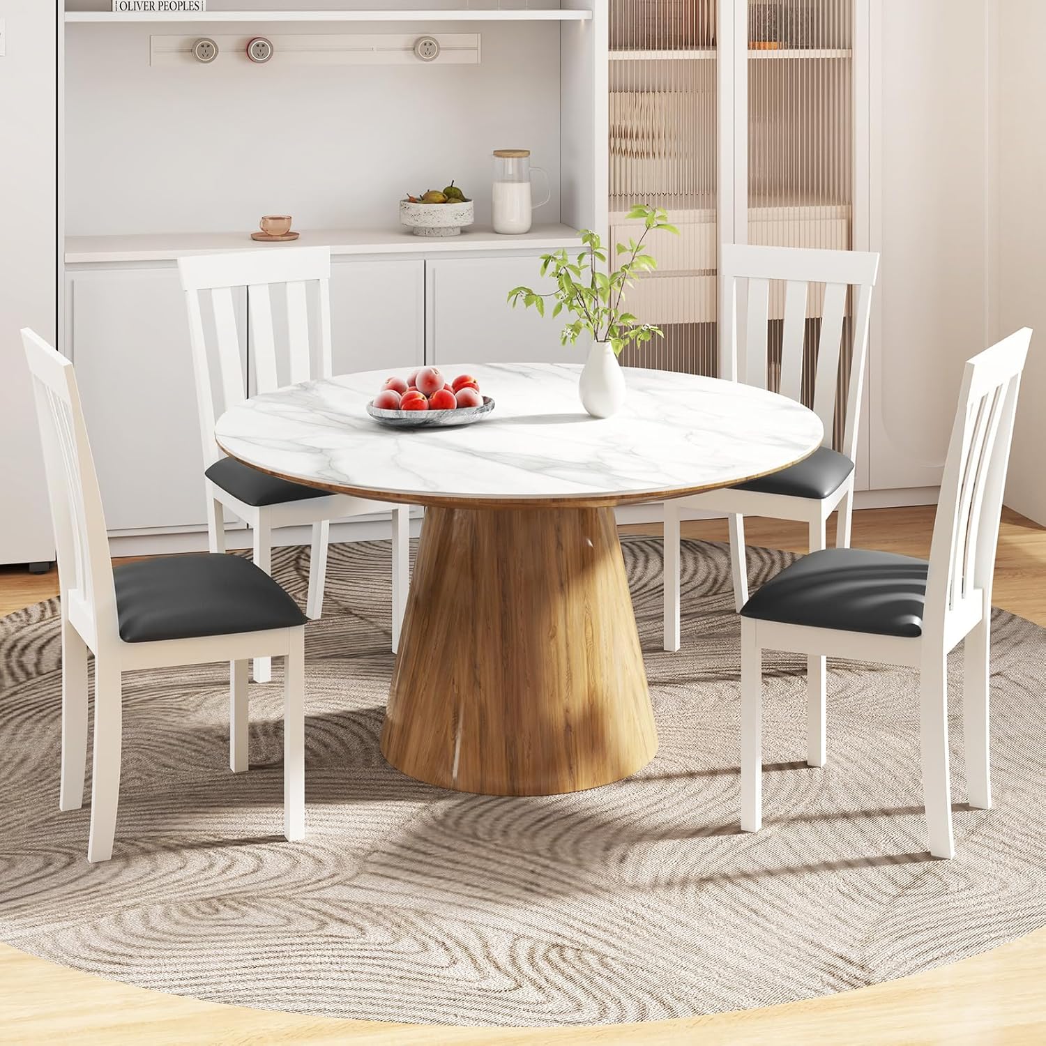 GOFLAME Wood Dining Chairs Set of 4, Upholstered Faux Leather Kitchen Side Chairs with Rubber Wood Frame, Armless Dinette Chairs for Dining Room, Living Room, Restaurant, White & Grey