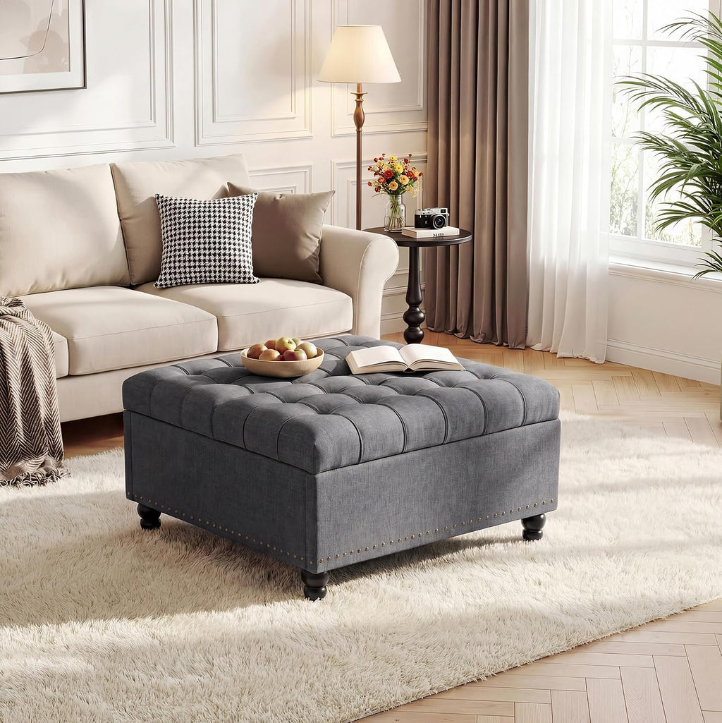 Garvee 36'' Large Square Storage Ottoman, Lift Top Storage Ottoman Coffee Table with Tufted Upholstery and Wood Legs, Ottoman with Storage for Living Room, Bedroom, 44.6 Gallon, 300 Lbs, Gray