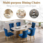 civama Dining Room Chairs Set of 6, Velvet Nikki Collection Dining Chair Upholstered Modern Tufted Kitchen Chair with Nailhead Back Pull Ring Golden Steel Legs, Blue