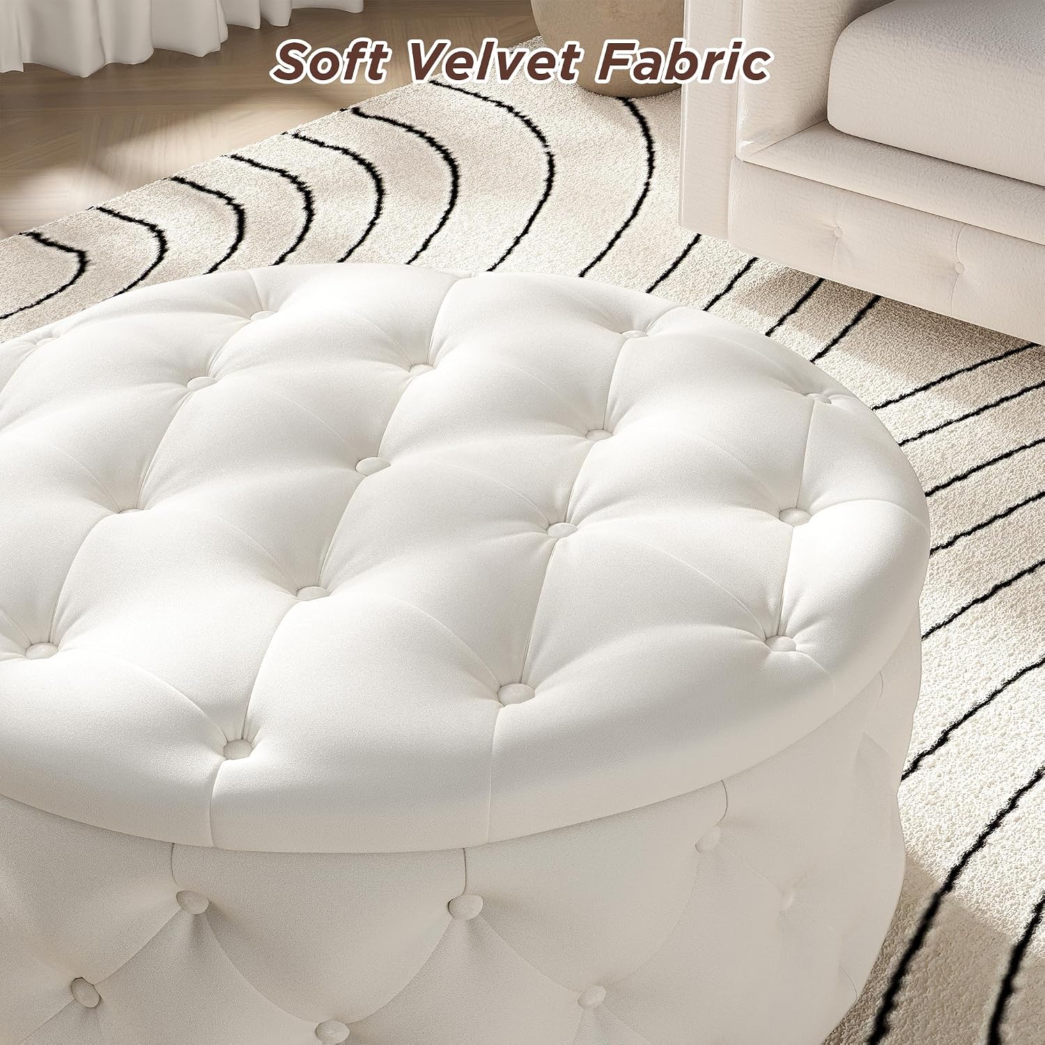 FiveWillowise 30 Inch Round Storage Ottoman, Large Circle Coffee Table with Storage Tray, Modern Button Footstool with Removable Lid,Cozy Foot Stools for Living Room, Bedroom, Makeup Room,Cream White