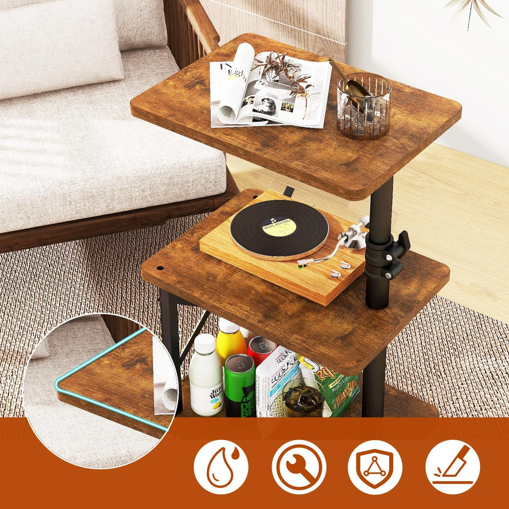 IBUYKE 360° Swivel Height Adjustable Side Table, C Shaped End Table for Small Spaces Sofa/Bed, with Storage Shelf, 3-Tier Night Stand for Living Room, Bedroom,Retro Brown UTVT006H
