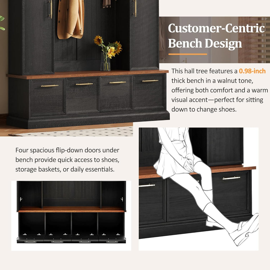 Merax 59" Farmhouse Hall Tree with Golden Hooks & Walnut Bench, Entryway Organizer with Adjustable Shelves, Shoe Storage, Anti-Tip for Mudroom, Living Room, Black