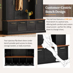 Merax 59" Farmhouse Hall Tree with Golden Hooks & Walnut Bench, Entryway Organizer with Adjustable Shelves, Shoe Storage, Anti-Tip for Mudroom, Living Room, Black