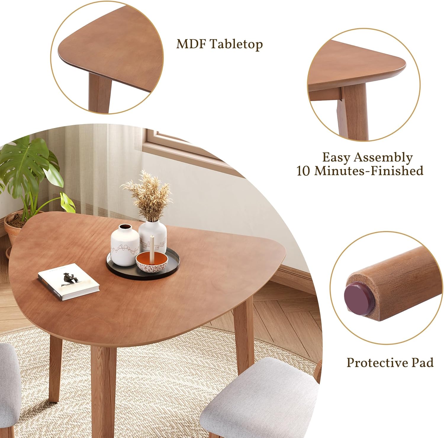 Merax Modern Triangular Side Table, Space-Saving 36 inch Wood Accent Table for Living Room, Bedroom, Solid Rubber Wood & MDF, Light Brown