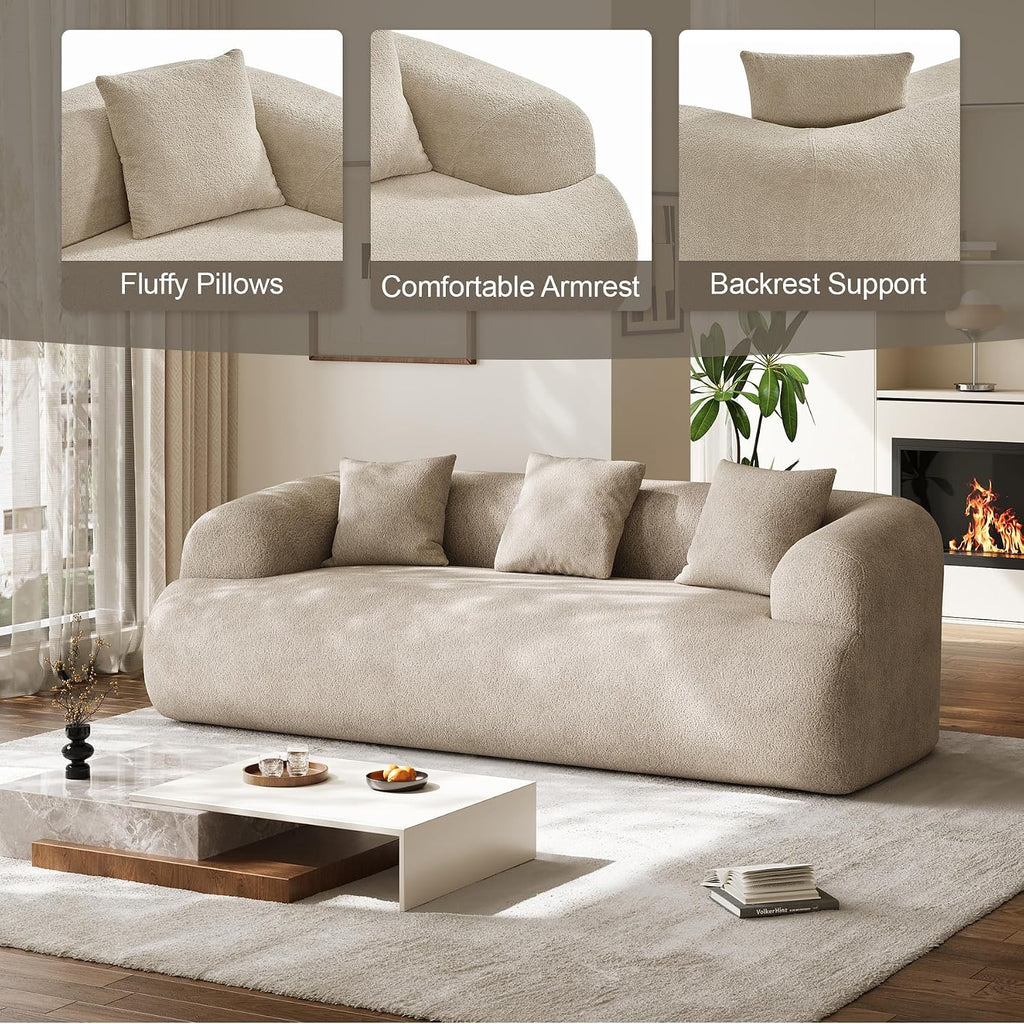 91" Boneless Couch,Cloud Couch,Chenille Curved Sofa with 3 Seater and 3 Pillows, Modern Compression Sofa for Living Room, Bedroom and Apartment, No Assembly Required, Light Brown