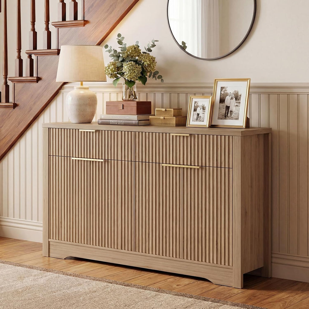 Cyclysio 55" Fluted Buffet Cabinet with Drawers, Modern Sideboard Credenza with Adjustable Shelves, Coffee Bar Table with Storage for Dining Room, Entryway, Kitchen, Natural Oak