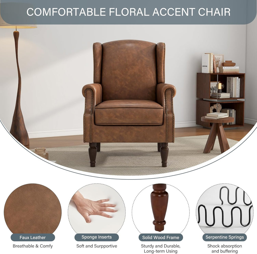 High Back Accent Chair, Faux Leather Wingback Chair Upholstered Armchair for Living Room, Retro Comfy Single Sofa Bedroom Reading Seat with Solid Wood Legs - Brown
