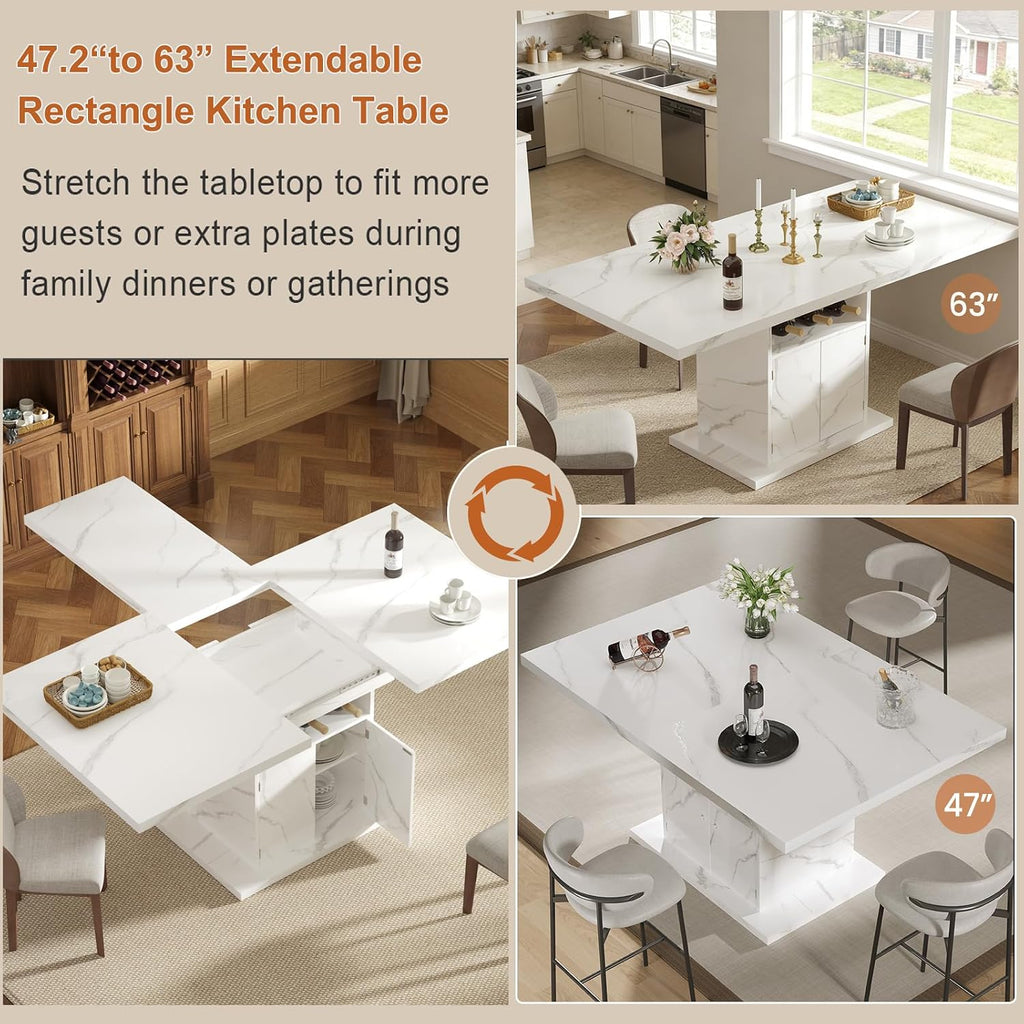 Extendable Dining Table for 4-6, 47-63 Inch Rectangle Kitchen Dining Table with Storage, Expandable Modern Rectangle Dinner Table with Faux Marble Top for Kitchen, Dining Room, White Faux Marble