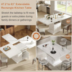 Extendable Dining Table for 4-6, 47-63 Inch Rectangle Kitchen Dining Table with Storage, Expandable Modern Rectangle Dinner Table with Faux Marble Top for Kitchen, Dining Room, White Faux Marble