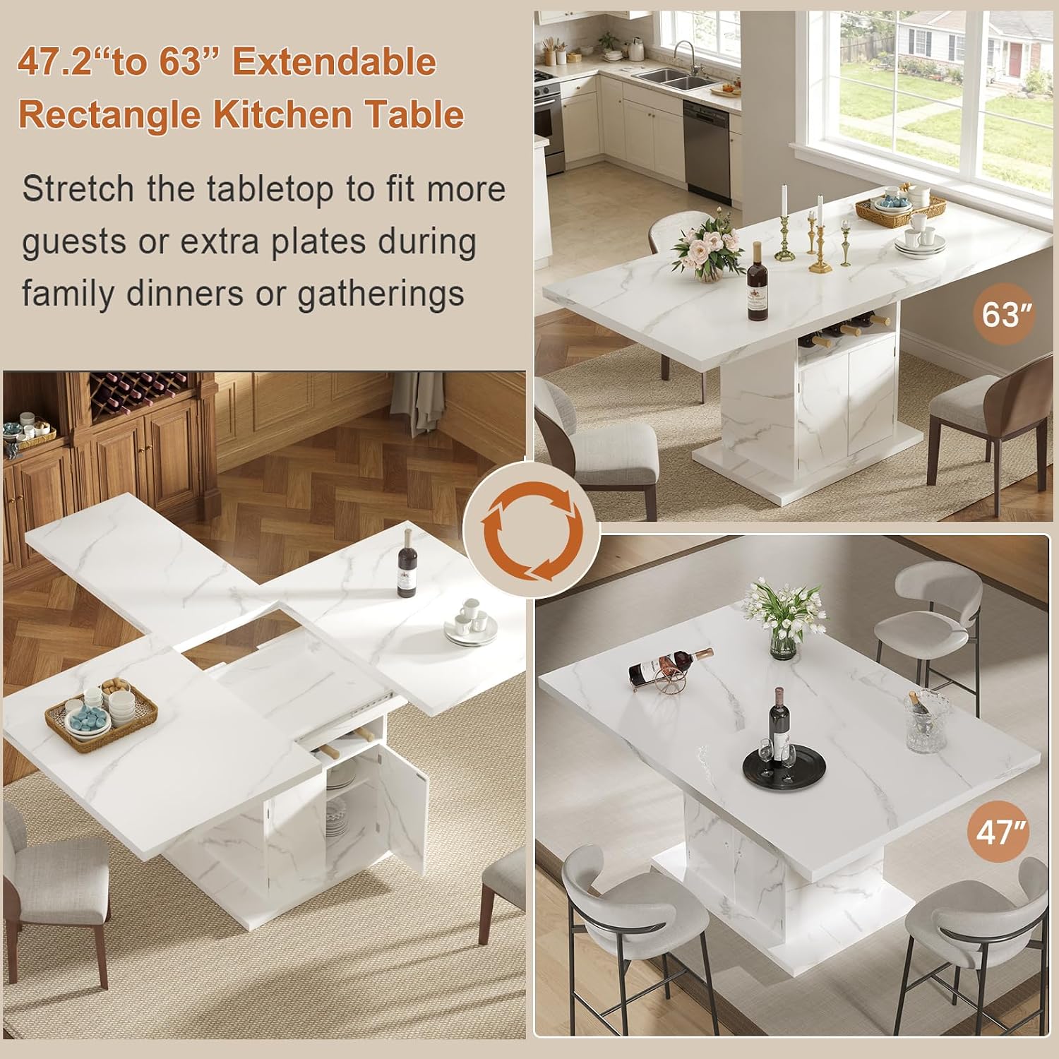 Extendable Dining Table for 4-6, 47-63 Inch Rectangle Kitchen Dining Table with Storage, Expandable Modern Rectangle Dinner Table with Faux Marble Top for Kitchen, Dining Room, White Faux Marble