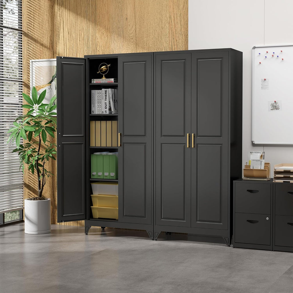 SteeLoong Kitchen Pantry Cabinet,75”Black Metal Storage Cabinets with Doors and 4 Adjustable Shelves,Kitchen Cabinet with 2 Gold Handles,Tall Cabinet for Livingroom, Bathroom