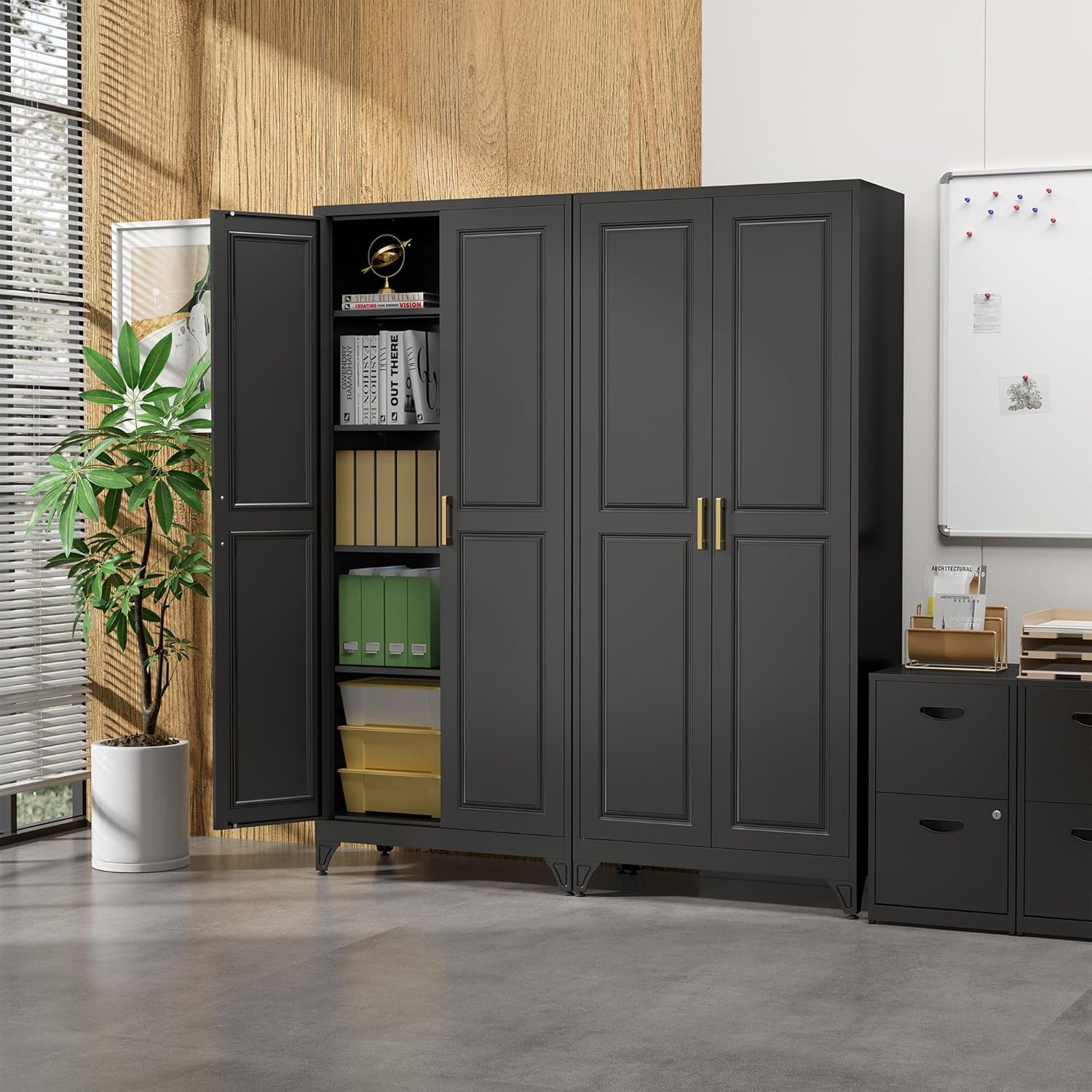 SteeLoong Kitchen Pantry Cabinet,75”Black Metal Storage Cabinets with Doors and 4 Adjustable Shelves,Kitchen Cabinet with 2 Gold Handles,Tall Cabinet for Livingroom, Bathroom