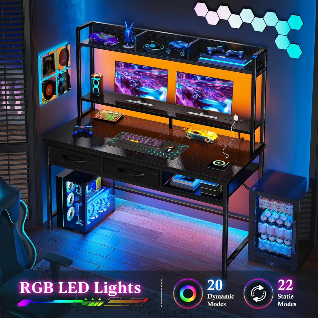 DurayLoly 39.4" Computer Desk with Hutch & Monitor Stand,Gaming Desk with Shelves & Drawers, Writing Desk with LED &Power Outlet,Office Desk,Study Desk for Bedroom Home Office,Small Space,Black