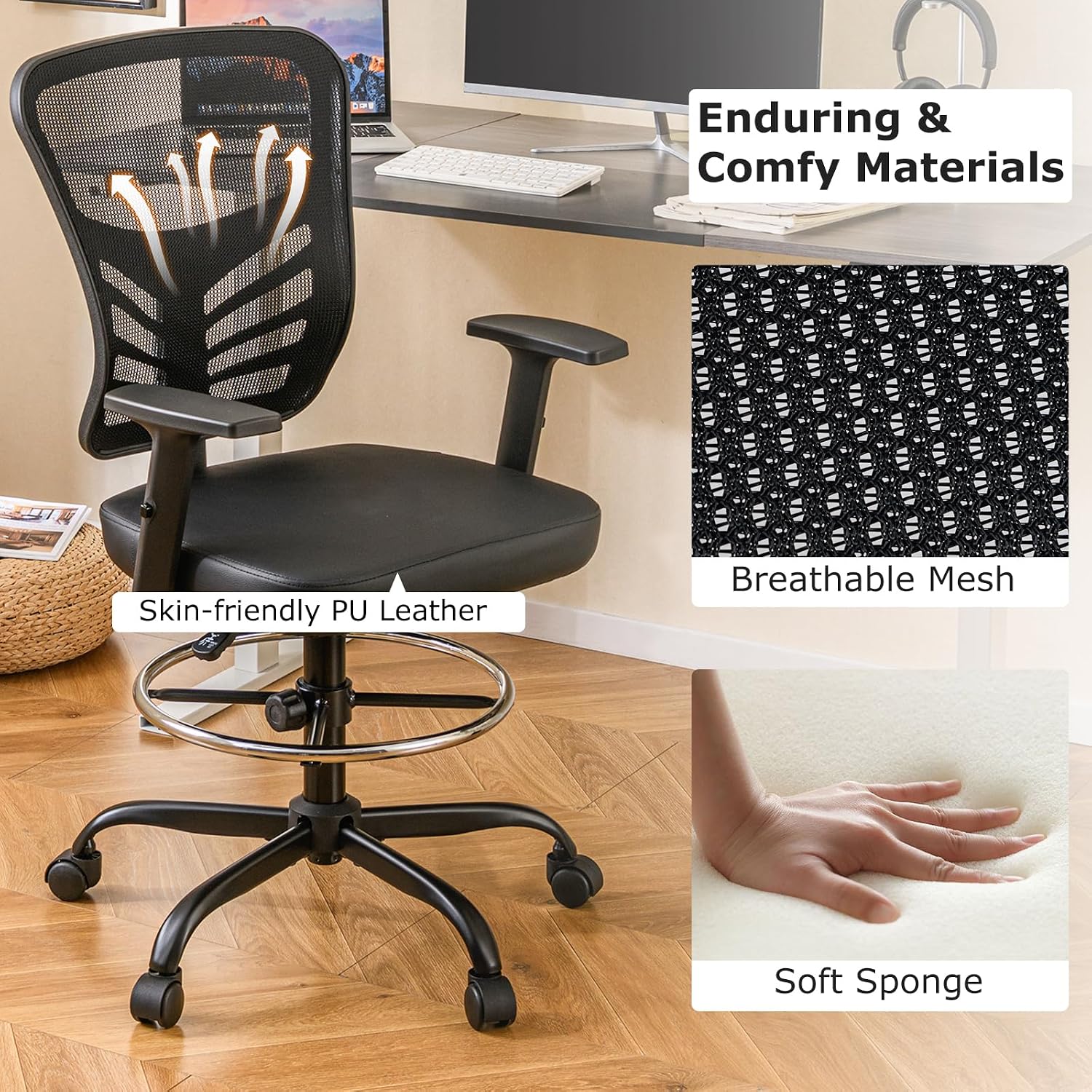 Giantex Drafting Chair, Tall Office Chair with Adjustable Armrests & Footrest Ring, Ergonomic Computer Standing Desk Chair with Lumbar Support for Counter Height Desk, Home Office
