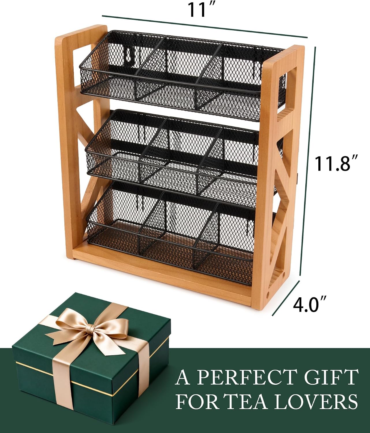 HULISEN Tea Bag Organizer, 3 Tier Tea Bag Holder, Holds Up to 120 Teabags | 9 Removable Compartments, Countertop or Wall Mount Use, Wood Metal Teabag Rack for Coffee Bar Kitchen