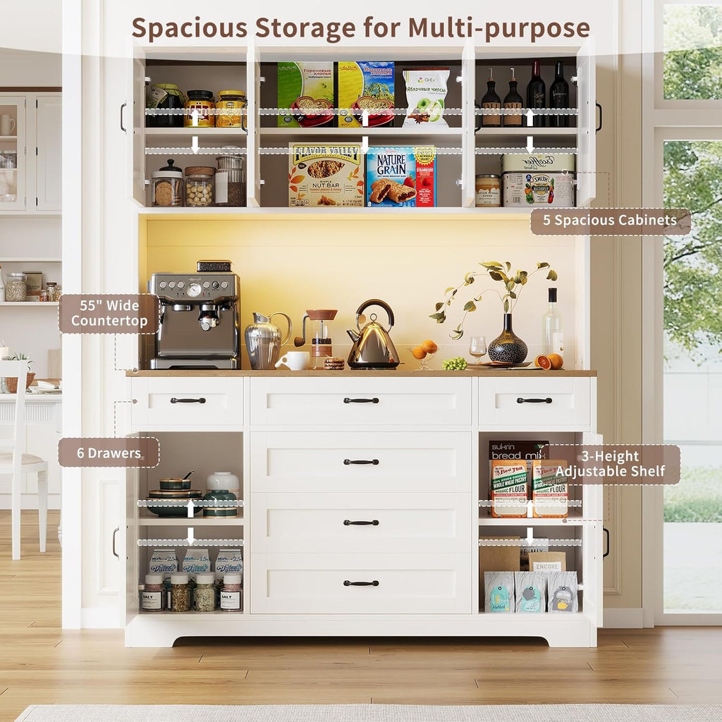 Yanosaku 71" Tall Pantry Cabinet with LED Lights & Charging Station, Farmhouse Kitchen Hutch with 6 Drawers & Adjustable Shelves, Spacious Storage Cabinet for Dining Room, White