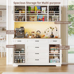 Yanosaku 71" Tall Pantry Cabinet with LED Lights & Charging Station, Farmhouse Kitchen Hutch with 6 Drawers & Adjustable Shelves, Spacious Storage Cabinet for Dining Room, White