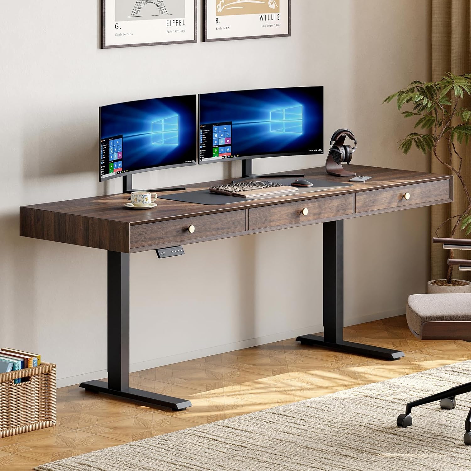 Electric Standing Desk with 3 Drawers, 63 x 24 Inch Height Adjustable Stand up Desk with Storage and Widened Legs, Retro Home Office Desks with Memory Controller for Computer Workstation, Walnut