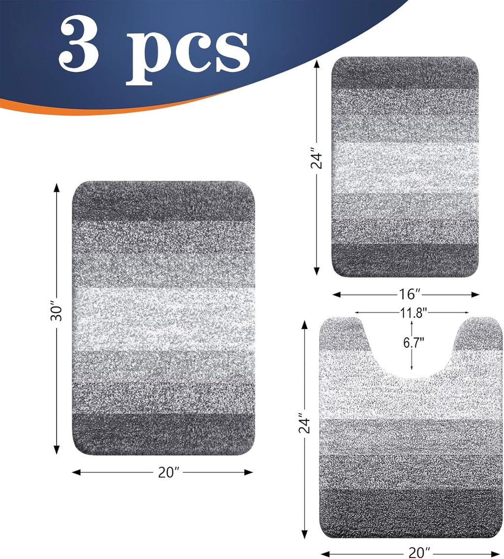 OLANLY Bathroom Rugs Sets 3 Piece, Soft Absorbent Microfiber Bath Mats and U-Shaped Contour Toilet Rug, Machine Wash Dry, Plush Shaggy Bath Mat Set for Bathroom (30"x20"+24"x16"+24"x20", Grey)