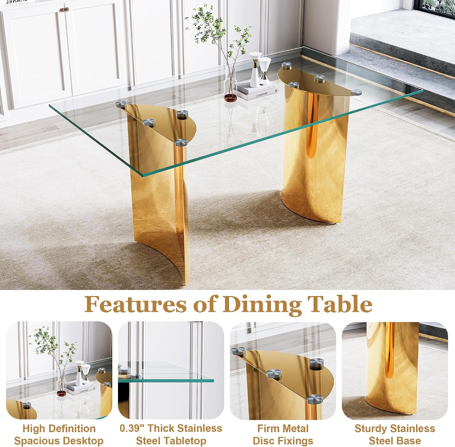 63 inch Glass Dining Table for 6,0.39 in Thick Glass Top with Gold Stainless Steel Pedestal Dining Room Table
