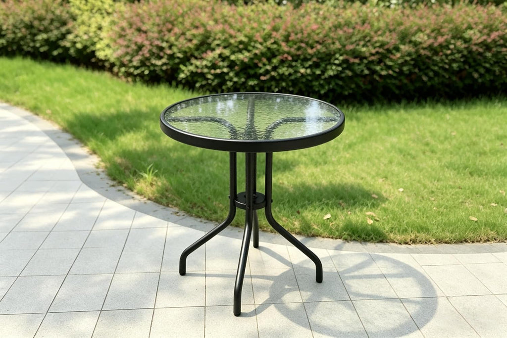 Outdoor Round Glass Small Patio Table, Tempered Glass Top with Rust-Resistant Metal Frame, Small Bistro Coffee Table for Balcony, Garden, Patio