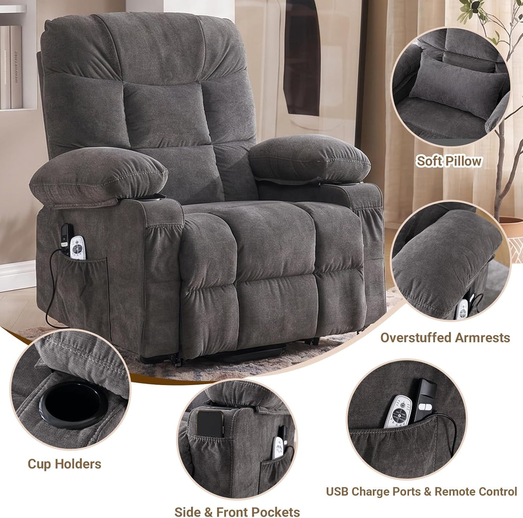 Power Lift Recliner Chair for Elderly with Lumbar Heat and Vibration Massage, Electric Lift Recliner Chair with Remote Control and USB Port,4 Storage Pockets & 2 Cup Holders for Living Room - Grey