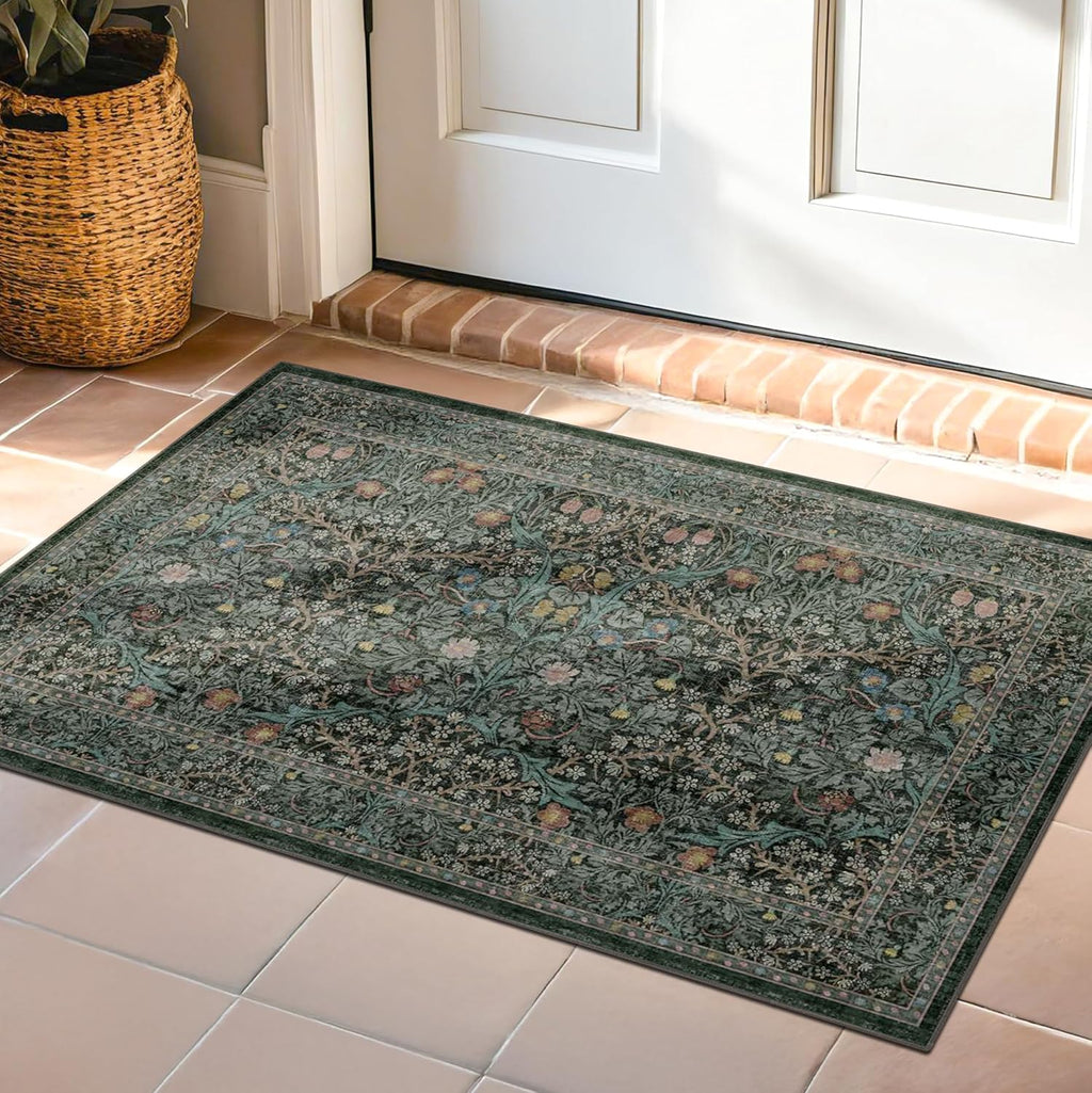 Dark Green Washable Entry Rug - Front Door Throw Rugs Indoor, Non-Slip Bathroom Small Rugs, Vintage Floral Thin Rug for Kitchen, Boho Entryway Décor (2x3 Dark Green)