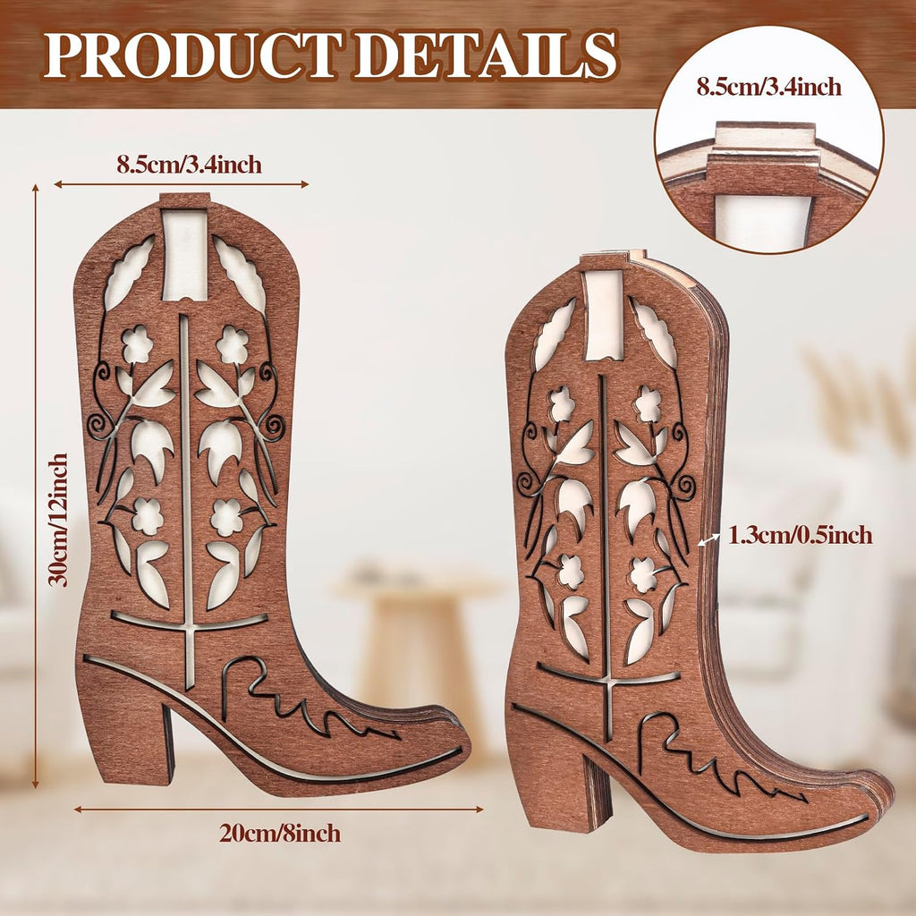 2 Pcs Wood Cowboy Boot Vase for Flowers Faux Greenery, Cowgirl Boot Decor, Western Wall Decor for Bathroom, Bedroom, Kitchen(Flower)